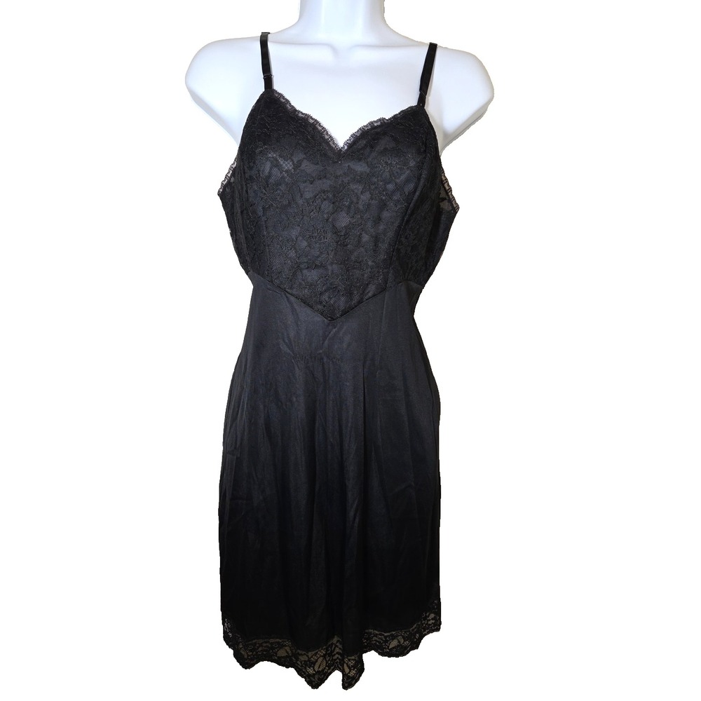 Vtg 1960s Vanity Fair Tricot Nylon Lace Bodice Black Slip‎ Dress Size 32 Short